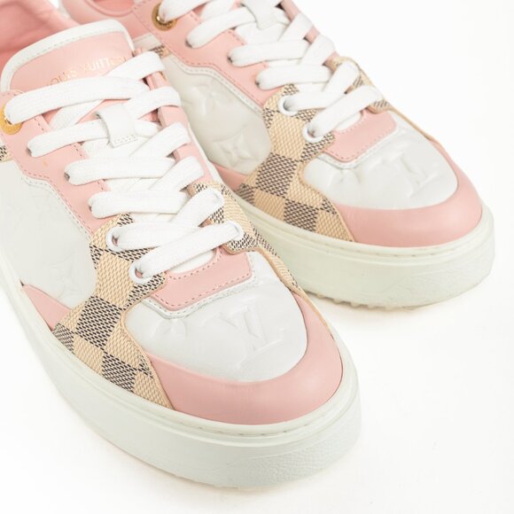 Louis Vuitton Time Out Rose Clair Pink Embossed-Calfskin & Damier Azur Sneakers - Picture 6 of 12